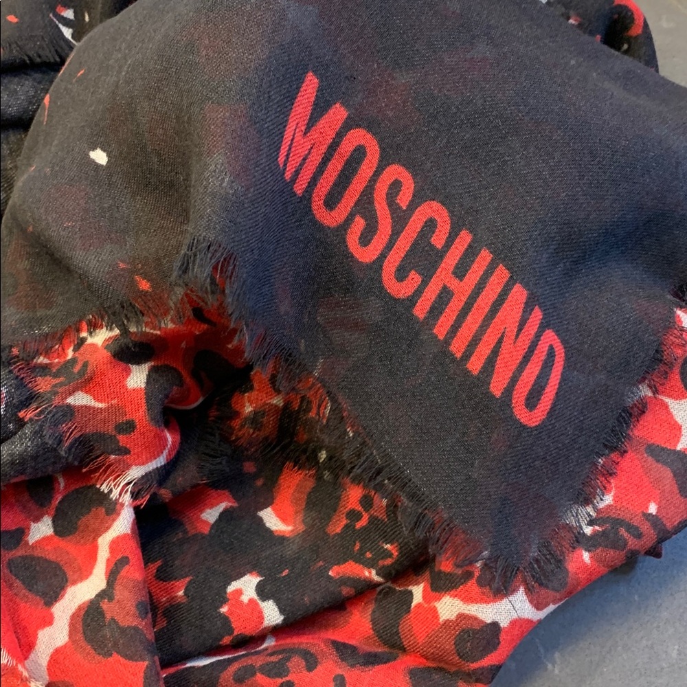 Moschino Black & Red Logo Leopard Print Scarf